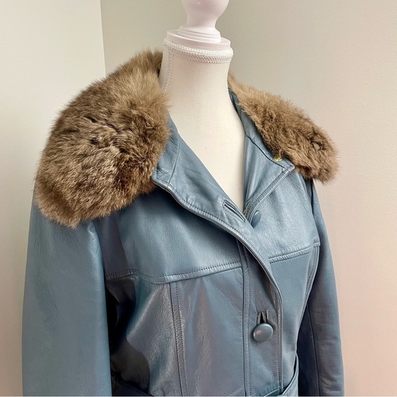 Vintage Rajac Leathers Penny Lane Fur Trim Leather Coat Longline Grey Size Small - Picture 2 of 12